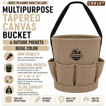 Graintex Tapered Canvas Bucket 12"x10"x15", Utility Tool Bucket 6 Pockets Outside, Reinforced Base & Carry Handle, Ripstop Canvas, Multi-Purpose Bag for Jobsite & Home Use - Beige - color: Beige