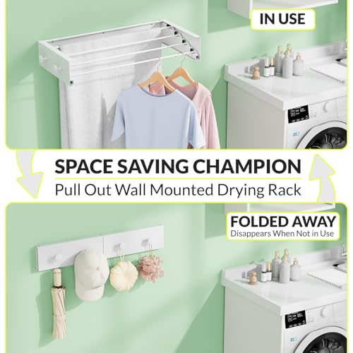 Foldable Wall Mounted Drying Rack, Stainless Steel Expandable Clothes Drying Rack with 6 Knobs, Heavy Duty Laundry Drying Rack for Apartment, Laundry Room, Balcony, 4 Thickened Rods - color: Upgraded - 4 Knobs, size: Width 21.6"