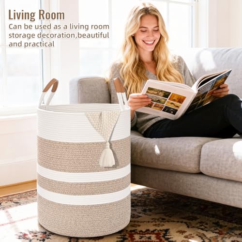 Large Laundry Basket, Laundry Hamper with Leather Handles, 60L Woven Dirty Clothes Hamper, Rope Hampers for Bedroom, Barthroom, Brown - color: Brown & White, size: 60L