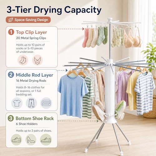 Clothes Drying Rack Foldable with Rolling Wheels, Portable Laundry Drying Rack with 16 Aluminum Arms, Stable 4-Leg Base, 360° Rotating Design for Indoor Outdoor (Single-tier without shoe rack) - size: 1-Tier