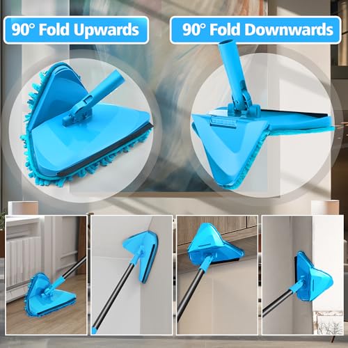 NEWE Wall Mop Cleaner with 80 Inch Long Handle, 180° Folding Ceiling Cleaner with Squeegee, Cabinet Cleaning Tool, Wall Scrubber, Triangle Baseboard Scrubber, 4 Chenille Duster & 2 Microfiber Pads - color: Blue