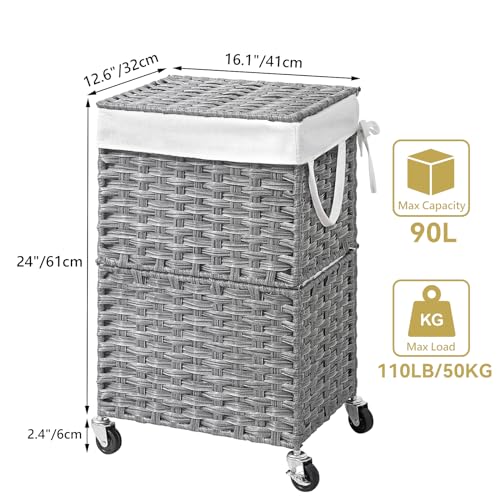 Chrislley Wicker Laundry Basket with Wheels,Rolling Laundry Hamper with Lid - color: Grey