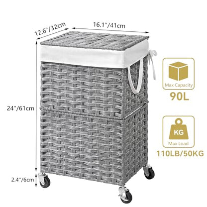 Chrislley Wicker Laundry Basket with Wheels,Rolling Laundry Hamper with Lid - color: Grey