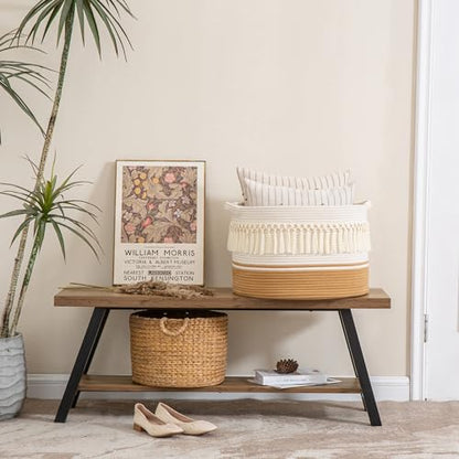 KAKAMAY Large Blanket Basket with Handles, Storage Basket for Living Room - color: Brown Fringe