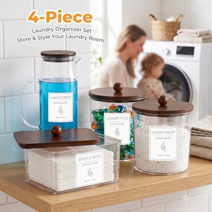 Acrylic Laundry Pod Containers and Dryer Sheet Holder & Glass Laundry Detergent Dispenser with Handle, Labels, and Spoons, for Laundry Room Organization and Storage (4 Pack, Brown) - color: Brown