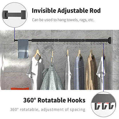 ptlsy Wall Mounted Portable Folding Clothes Drying Rack with Hooks,Space Saver Clothes Hangers Design Universal for Balcony, Mudroom, Bedroom, Kitchen, Foldable Laundry Rack (3-Pole Black) - style: M-3-Black