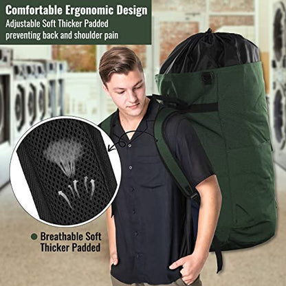 Laundry Bag Backpack 125L Extra Large, Heavy Duty 900D Coated Oxford Fabric, 3 Pockets Durable Travel Laundry Bags with Soft Padded Shoulder Straps for College Dorm, Apartment, Laundromat (Army Green) - color: Army Green