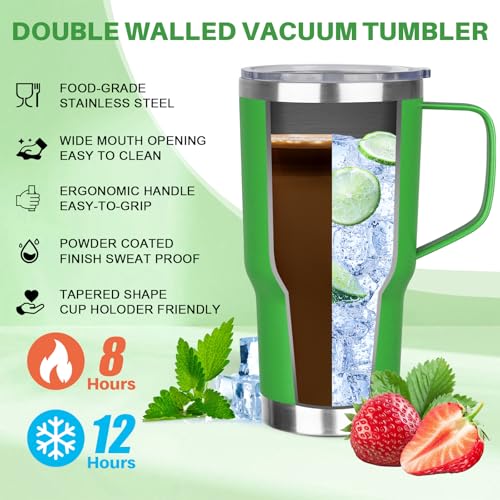30 oz Tumbler with Handle, Stainless Steel Insulated Tumbler with Lid and Straw, Double Wall Vacuum Coffee Mug Tumbler, Insulated Coffee Thermal Cup for Cold and Hot (Fruit Green) - color: Fruit Green, size: 30 Ounces