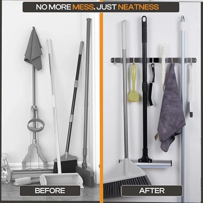Stainless Steel Broom Holder Wall Mount, 4 Racks & 5 Hooks - size: 4 Racks & 5 Hooks