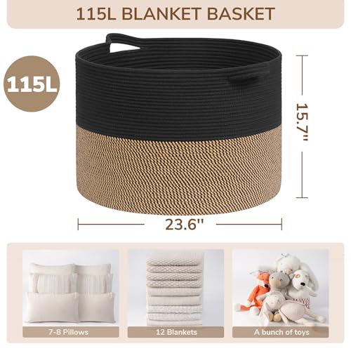 INDRESSME 115L Extra Large Woven Rope Blanket Basket Living Room, Mix Black - color: Black & Mix Camel, size: 23.6"D x 15.7"H