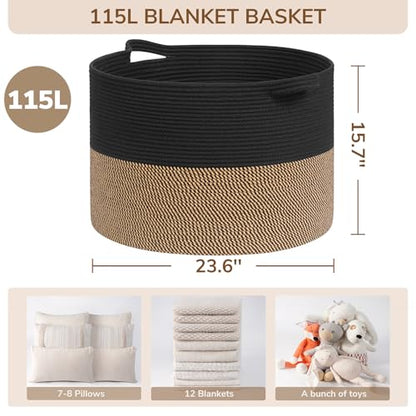 INDRESSME 115L Extra Large Woven Rope Blanket Basket Living Room, Mix Black - color: Black & Mix Camel, size: 23.6"D x 15.7"H