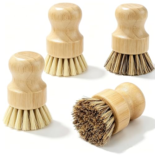 Bamboo Dish Brush Set with Palm and Sisal Bristles, 4 Pcs Natural Bamboo Dish Scrubber Brush for Kitchen Cleaning, Pots, Pans, Vegetables, Fruit