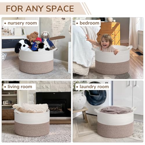 INDRESSME Large Woven Rope Blanket Basket Living Room Brown, 65L - color: White & Brown, size: 19.7"D x 12.6"H