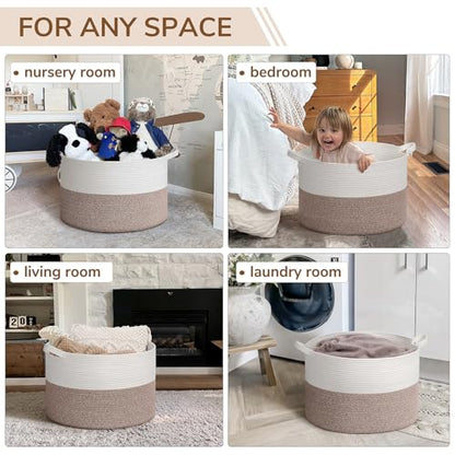INDRESSME Large Woven Rope Blanket Basket Living Room Brown, 65L - color: White & Brown, size: 19.7"D x 12.6"H