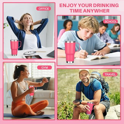 30 oz Tumbler with Handle, Stainless Steel Insulated Tumbler with Lid and Straw, Double Wall Vacuum Coffee Mug Tumbler, Insulated Coffee Thermal Cup for Cold and Hot (Peach Pink) - color: Peach Pink, size: 30 Ounces