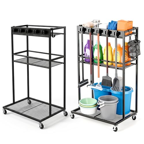 Broom Holder with Cleaning Supplies Organizer,Rolling Cleaning Cart