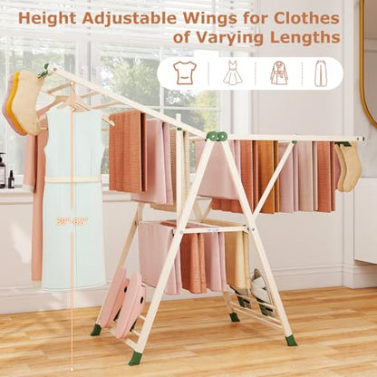 GIANTEX Foldable Metal Clothes Drying Rack, 64" Height Adjustable Wings - color: Beige, size: 64"L x 39"-62"H