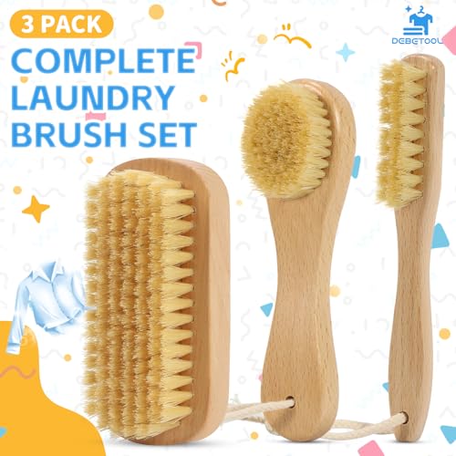 DEBETOOL 3-Piece Laundry Brush for Stains on Clothes, Gentle Boar Bristl
