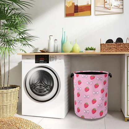 Cute Strawberry Laundry Basket,Bow Foldable with Handles Tote Bag Oxford Cloth for Bathroom Bedroom Dirty Clothes Storage Bucket 16" x 20.8" - color: Cute Strawberry Bow