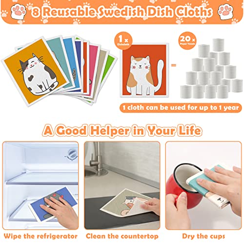 Lucomb Reusable Swedish Kitchen Dish Cloths, 8 Pack Replace Paper Towels Quick Drying Kitchen Sponges Dish Rags for Dishes Washing Home Cleaning Window Glass Wipes - color: 8 Pack-cute Cat
