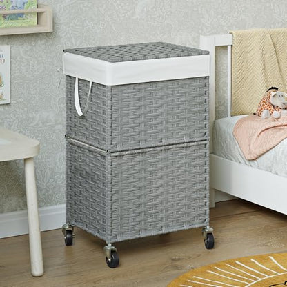 Chrislley Wicker Laundry Basket with Wheels,Rolling Laundry Hamper with Lid - color: Grey