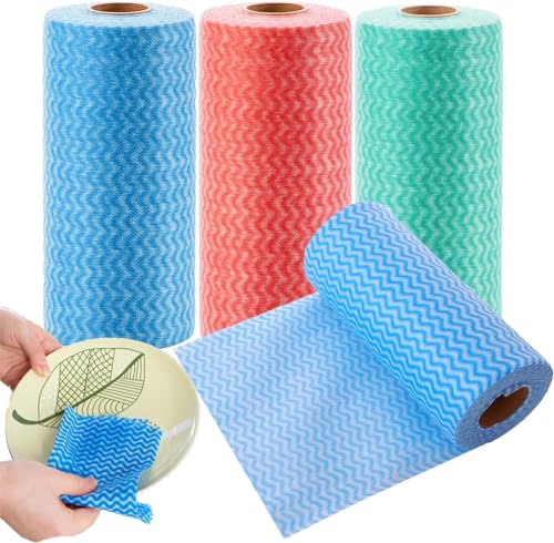 Disposable Dish Cloths 3 Rolls Reusable All Purpose Fast Drying Handy Cleaning Wipes Paper Towel Alternative for Kitchen 150 Count