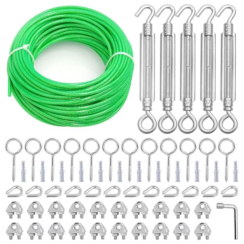 3/16" Clothes Line Outdoors, 100 ft PVC Coated Steel Cable Clip Kit - size: 100 FT
