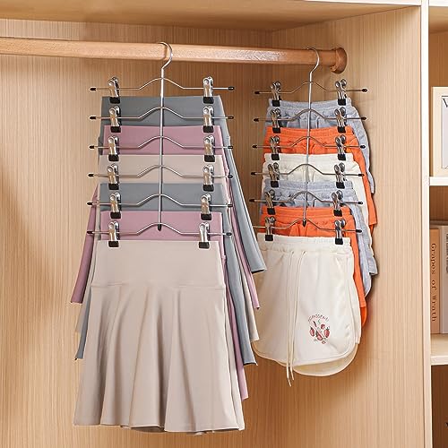 Multi Layer Pants Hangers, 6 Tier Skirt Hangers with Adjustable Clips, Non Slip Space Saving Closet Organizer Heavy Duty 360 Degree Swivel Hook, Great for Slack, Trouser, Jeans(Black) - size: 6 Tier