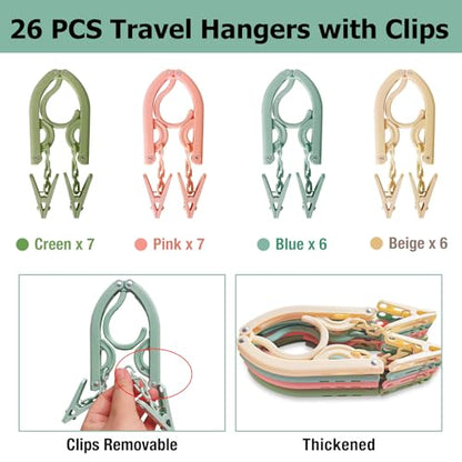 26Pcs Travel Hangers Foldable with 52Pcs Clips: Folding Hangers, Non Slip Portable Hanger for Cruise Ship Essentials Suitcase Camping Flying RV Drying Rack, 4 Colors