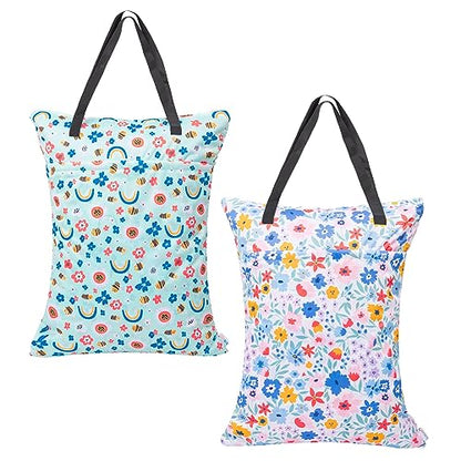ALVABABY 2 Pack Large Wet Dry Bag Waterproof Hanging Cloth Diaper with Double Zippered Pockets 25x18 inches (Rainbow and flowers) - color: Rainbow and flowers