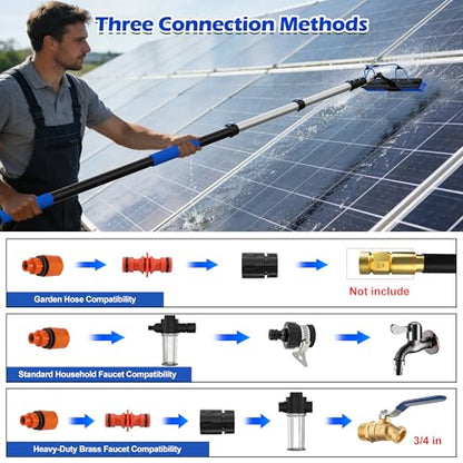 5-20FT Solar Panel Cleaning Brush Kit - Telescopic Pole with Dual Action Flip-Lock & Screw Fixing, Water Flow & Soap Dispenser, Ideal for Snow Removal, Windows, Boats, RVs, Decks