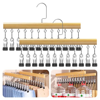 2 Pack Wooden Pants Hangers with 12 Clips, Space Saving Hanging Closet Organizer, Multi-Purpose Hanger for Leggings, Socks, Underwear, Bras, Towels, Closet Storage Solution (Natural) - color: Natural
