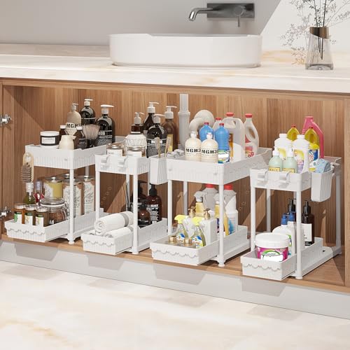 Sevenblue 4-Pack 2-Tier Under Sink Organizer with Pull Out Drawers - color: White, size: 14.8 Inch