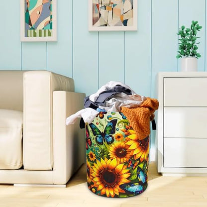 Butterfly Sunflower Laundry Basket Foldable Oxford Cloth 18.9 x 16.5 Inch - color: Beautiful Butterfly Sunflower