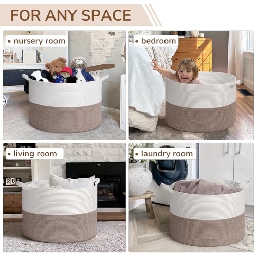 INDRESSME 115L Extra Large Woven Rope Blanket Basket Living Room, Brown - color: White & Brown, size: 23.6"D x 15.7"H