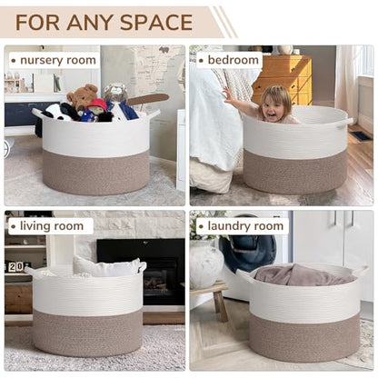 INDRESSME 115L Extra Large Woven Rope Blanket Basket Living Room, Brown - color: White & Brown, size: 23.6"D x 15.7"H