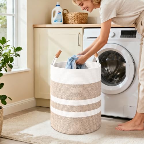 Large Laundry Basket, Laundry Hamper with Leather Handles, 90L Woven Dirty Clothes Hamper, Rope Hampers for Bedroom, Barthroom, Brown - color: Brown & White, size: 90L