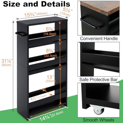 MARTY Slim Rolling Storage Cart, Wood Utility Kitchen Bathroom Laundry Cart - color: All Black, size: 5.51"D x 15.75"W x 31.5"H