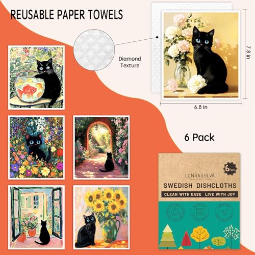 Swedish Dishcloths for Kitchen 6 Pack, Reusable Paper Towels Super Absorbent, Biodegradable Quick Drying Washable Dish Cloths Dishwasher Safe, Cleaning Cloths with WaterColor Design (Black Cat) - color: Blackcat Theme