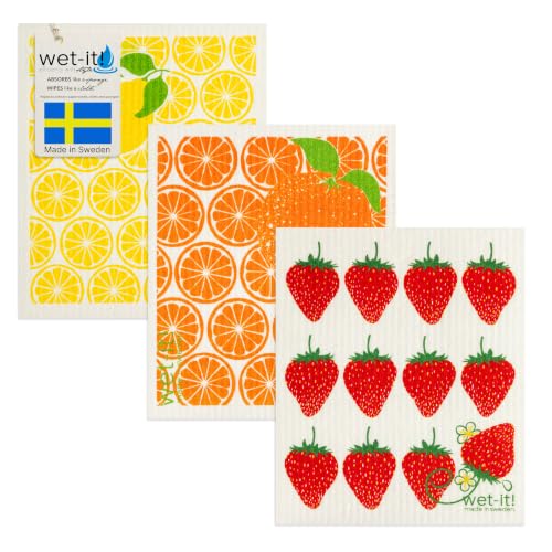 Wet-It! Swedish Dishcloth Reusable Towel Set for Kitchen | Biodegradable Absorbent Cleaning Washcloths for Dishes, Household Surfaces | Washable, & Quick Drying | 3 Pack - (Lemon, Orange, Strawberry) - color: 3 Pack Fruit Set