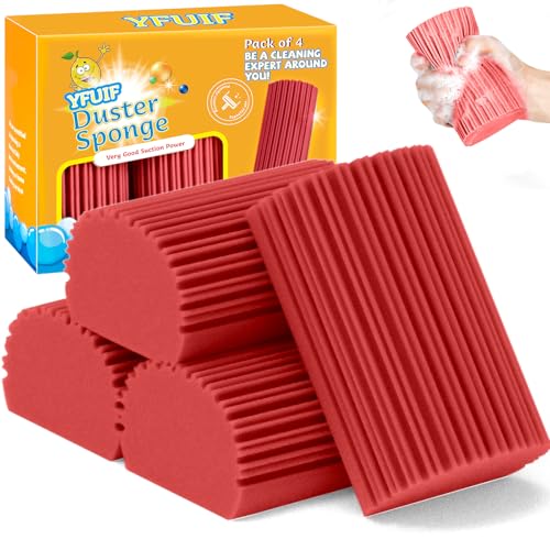 4 Pack Damp Clean Duster Sponge, Magic Sponge Eraser for Household Cleaning, Reusable Dusters Cleaning Supplies for Housekeeping, Dish, Blinds, Glass, Baseboards,Window Track Grooves and Faucets - color: Red, size: 4PC