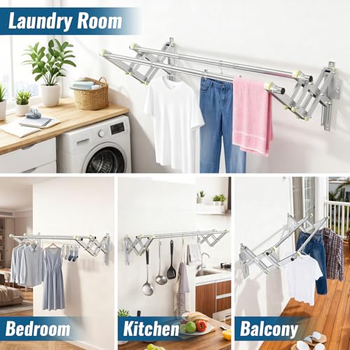 Foldable Wall Mounted Clothes Rack- Double 44'' Long Rod & 2 Thick Bases - style: 44 inches length X 2 rows