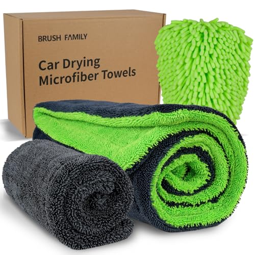 BRUSH FAMILY 3 Pack Car Microfiber Towels with Car Wash Mitt