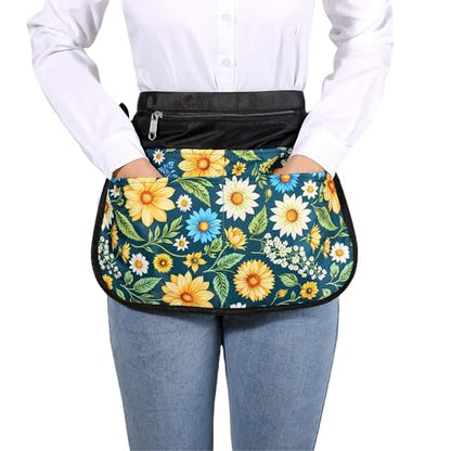 Waterproof Server Apron for Women with 5 Pockets,Quickly Put on and Take off Waitress Aprons,Work Apron for Bartender Barista - color: Green Flowers