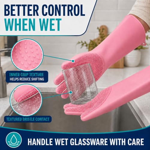 Silicone Dishwashing Gloves with Scrubber Bristles, Food-Grade Cleaning Mitts for Kitchen Dishes, Pet Grooming & Car Wash - color: Light Pink