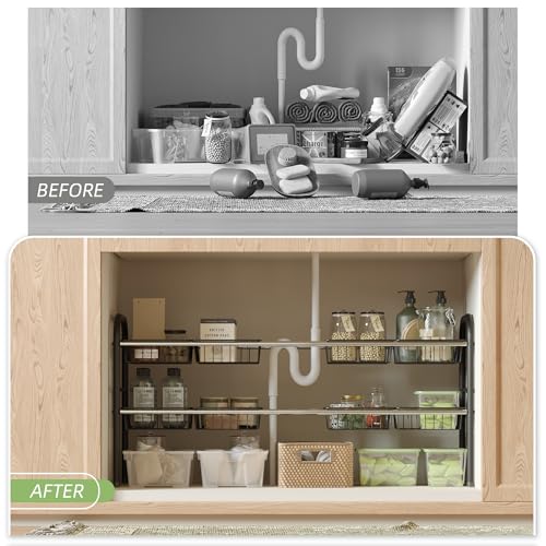 Under Sink Organizers and Storage,Expandable under cabinet organizer Shelf - size: 8 Metal Baskets