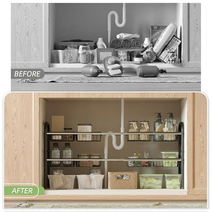 Under Sink Organizers and Storage,Expandable under cabinet organizer Shelf - size: 8 Metal Baskets