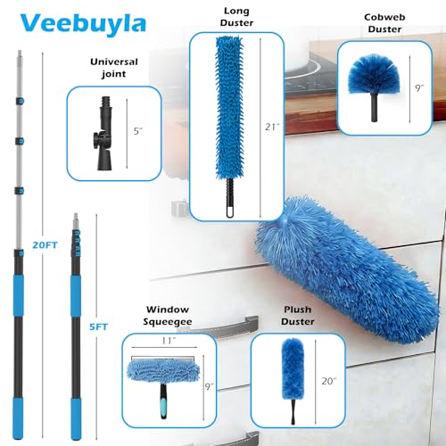 25FT Reach High Ceiling Duster Kits with 5-20FT Adjustable Pole - Includes Extra Long Duster, High Ceiling Duster, Rotatable Window Squeegee & Cobweb Duster for Ceiling Fans and Whole House Cleaning - color: Blue, size: 20FT