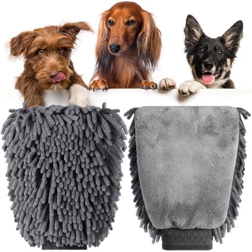 Teenyyou 2 Pcs Dog Towel Chenille Microfiber Pet Grooming Gloves,Grey - color: Grey