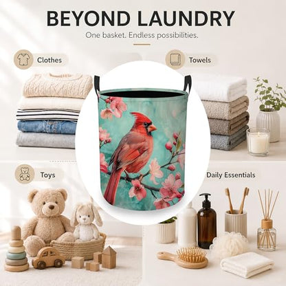 Cardinal Bird Laundry Basket, Pink Flowers Collapsible Laundry Hamper Waterproof Oxford Cloth With Handles, Clothes Storage Bucket For Bathroom/Bedroom 16" x 20.8" - color: Cardinal Bird